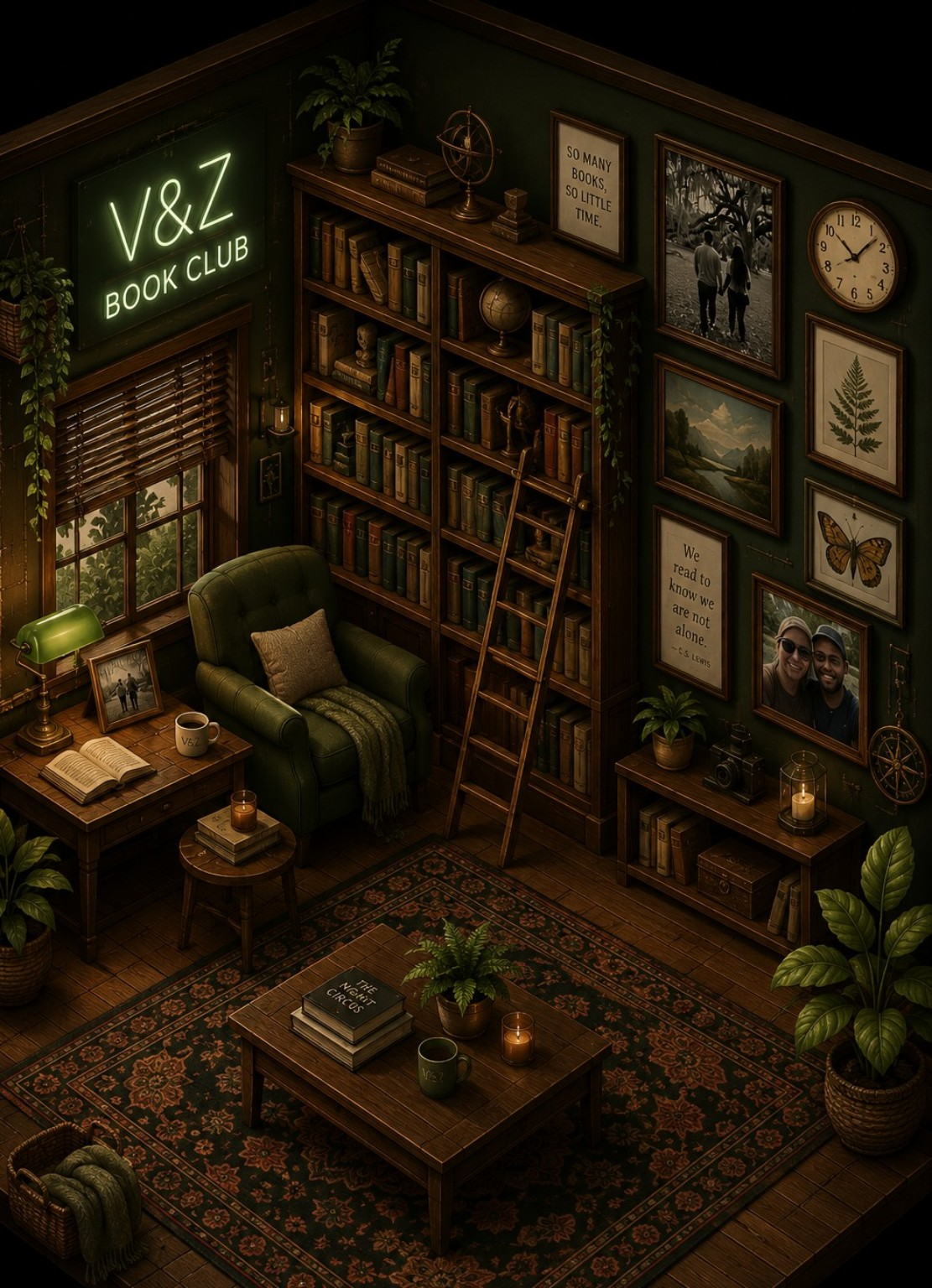 Cozy isometric V&Z reading room with bookshelves, framed art, plants and reading chair